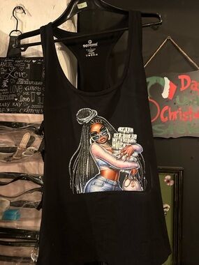 Customized Graphic Black Tank Top with Cash Girl Illustration